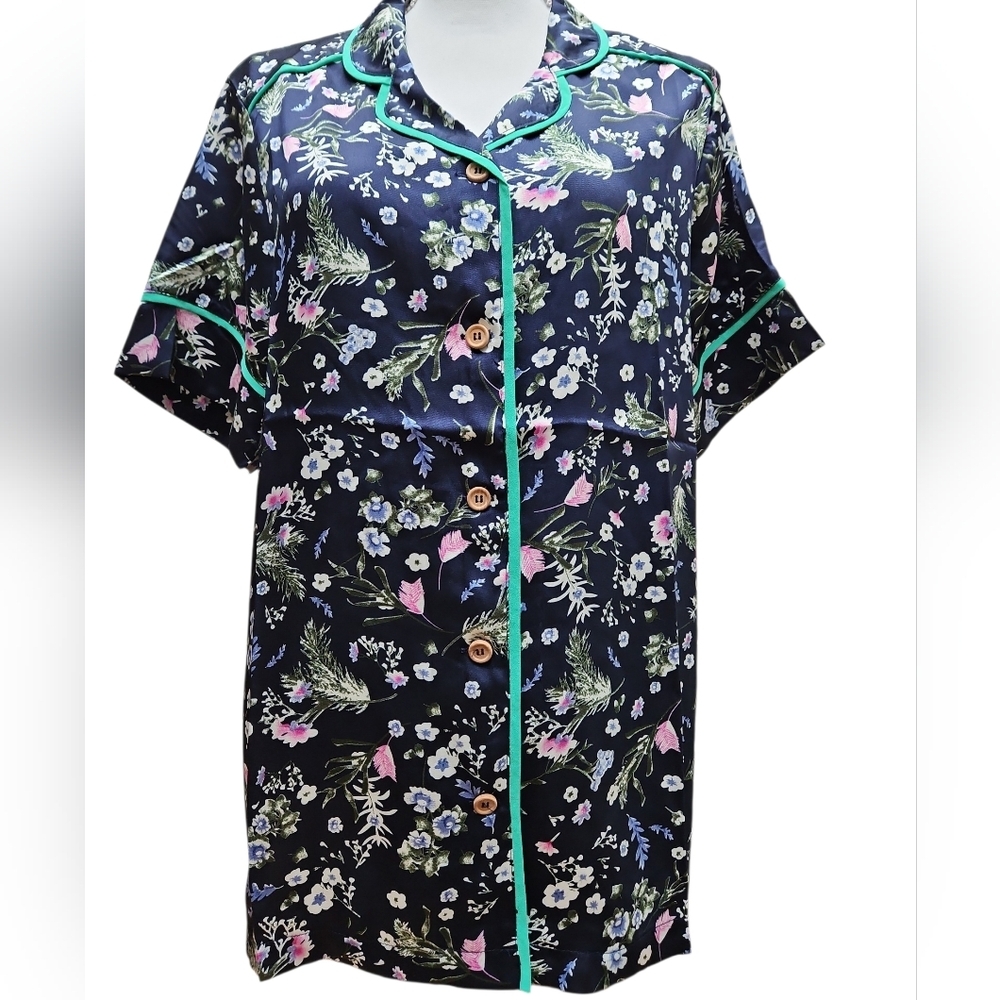 Easel Floral Blouse Button Up Navy Green SZ M